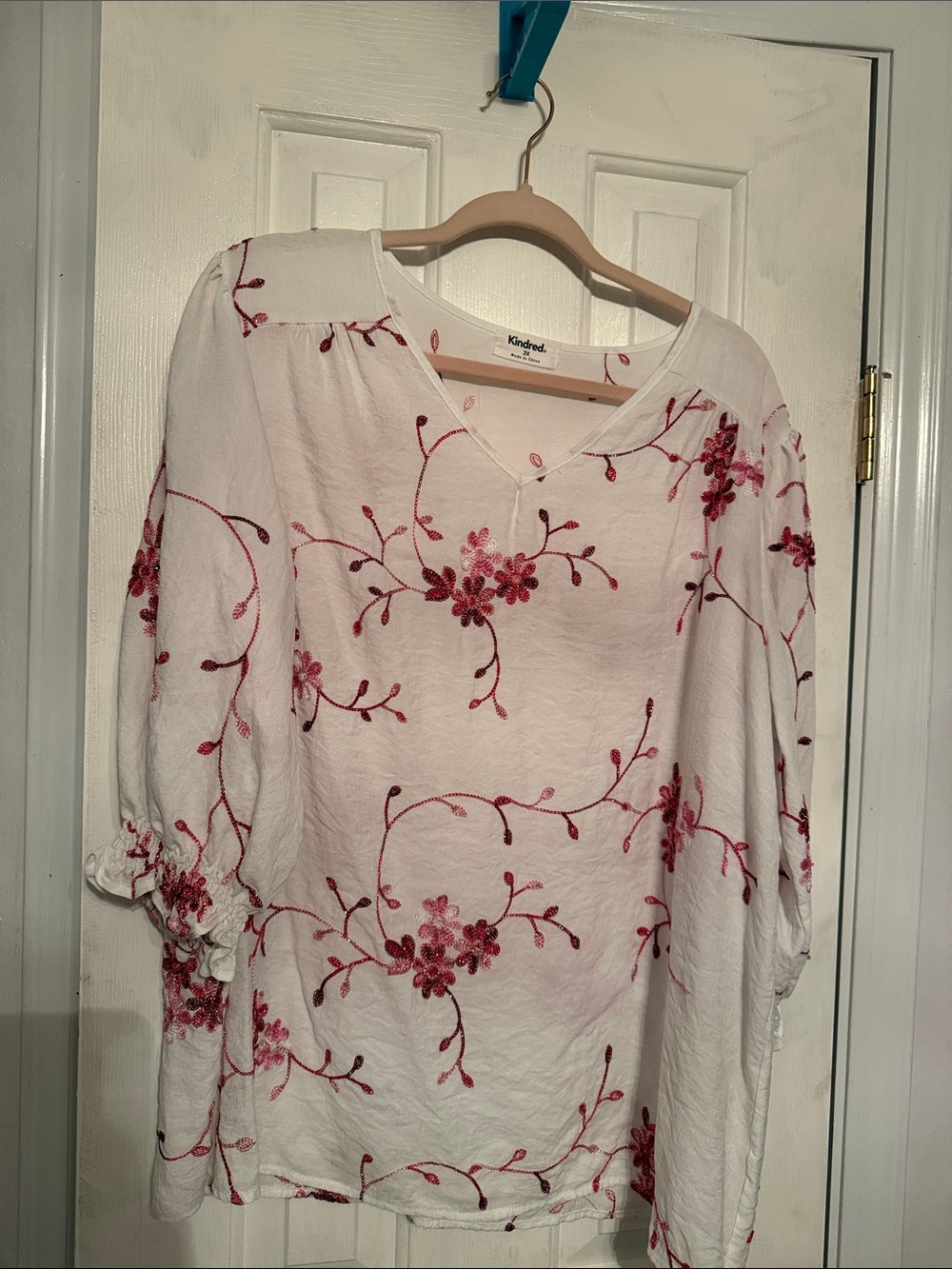 Kindred Spirit White V-Neck Tunic with Pink Floral Embroidery